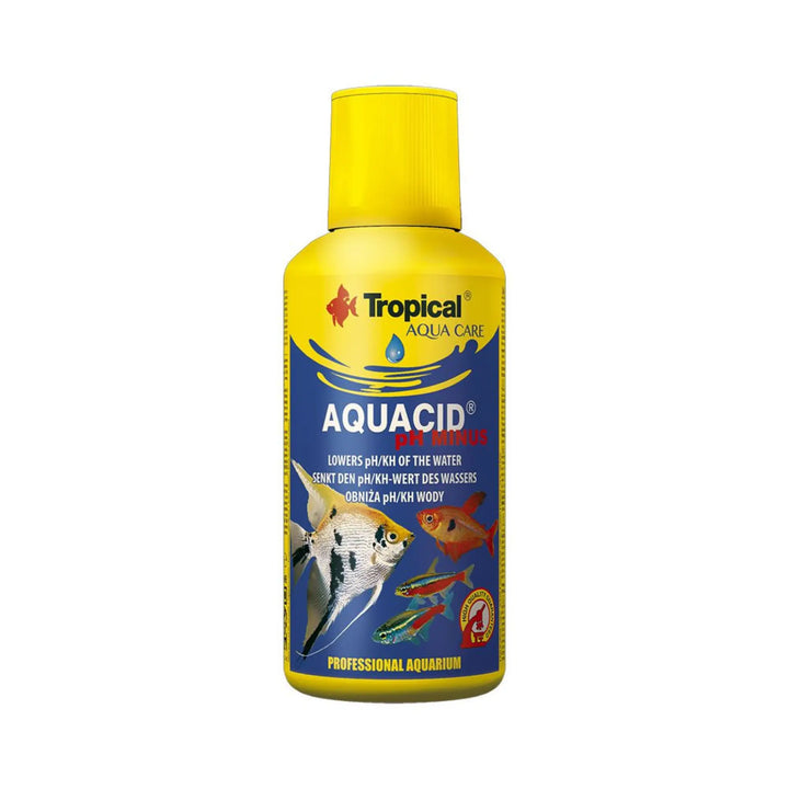 Tropical Aquacid pH Minus 250ml- yellow bottle of water treatment aquacid. 