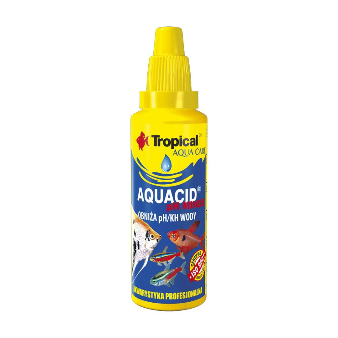 Tropical Aquacid pH Minus 30ml - dropper bottle with blue and yellow label. twisty top. 