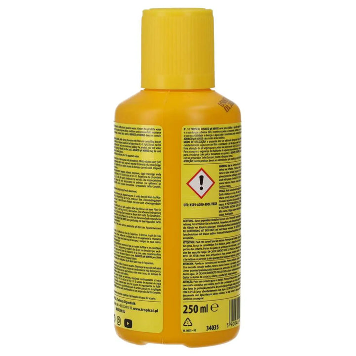 Tropical Aquacid pH Minus 250ml
 - yellow bottle with screw cap, warning labels showing ml