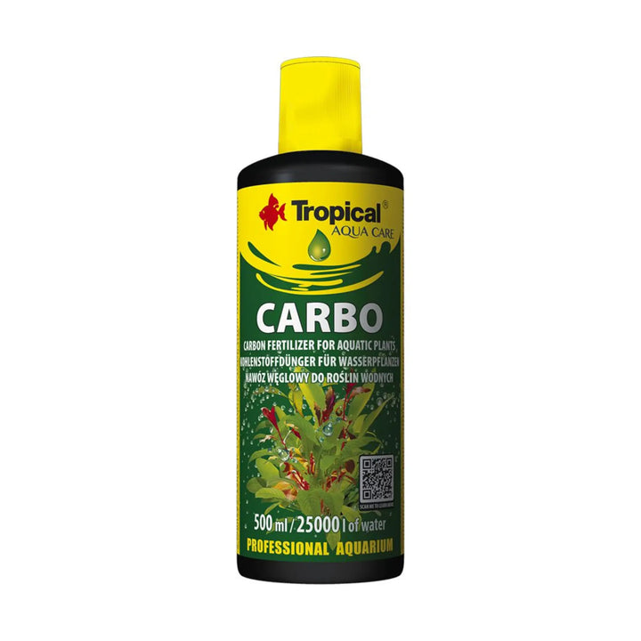 Tropical Tropical Carbo 500ml large black bottle with yellow cap, and green with yellow label, QR code. 