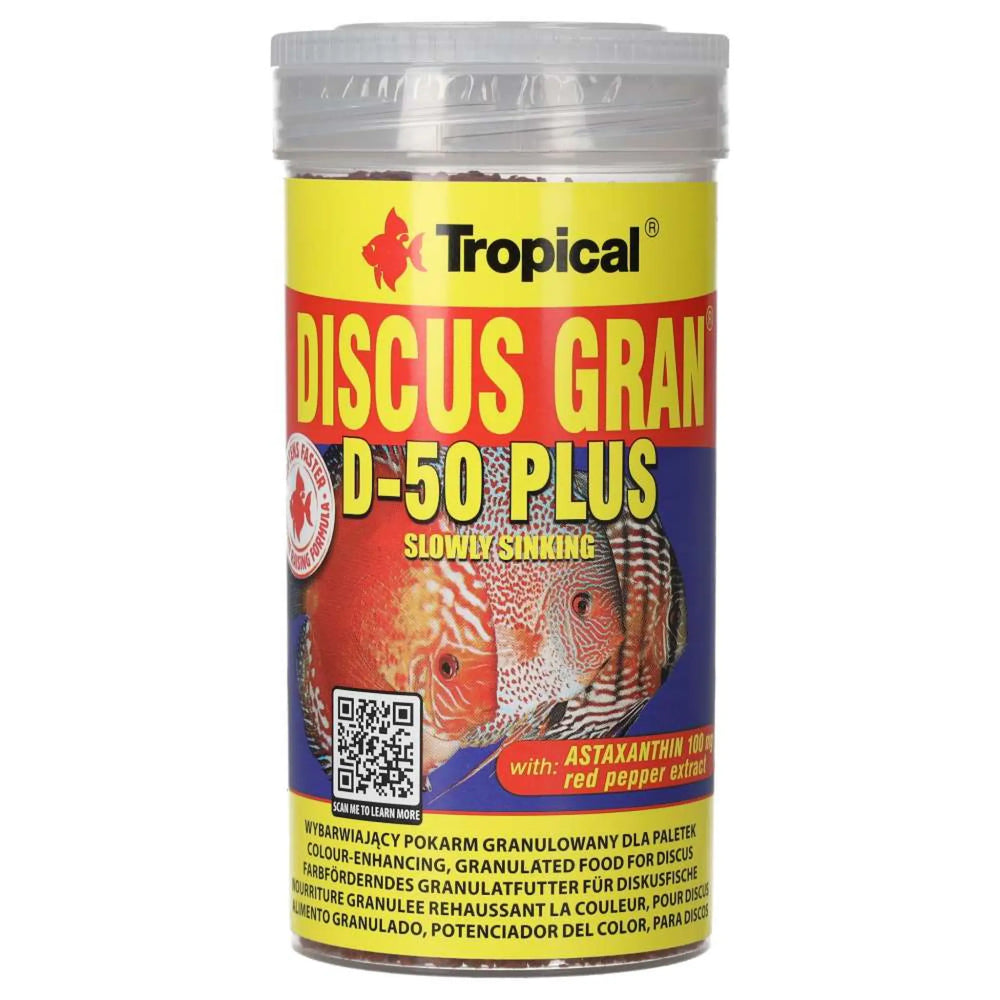 Tropical Discus Gran D-50 Plus 250ml/110g - plastic wrapped fish food front label. 