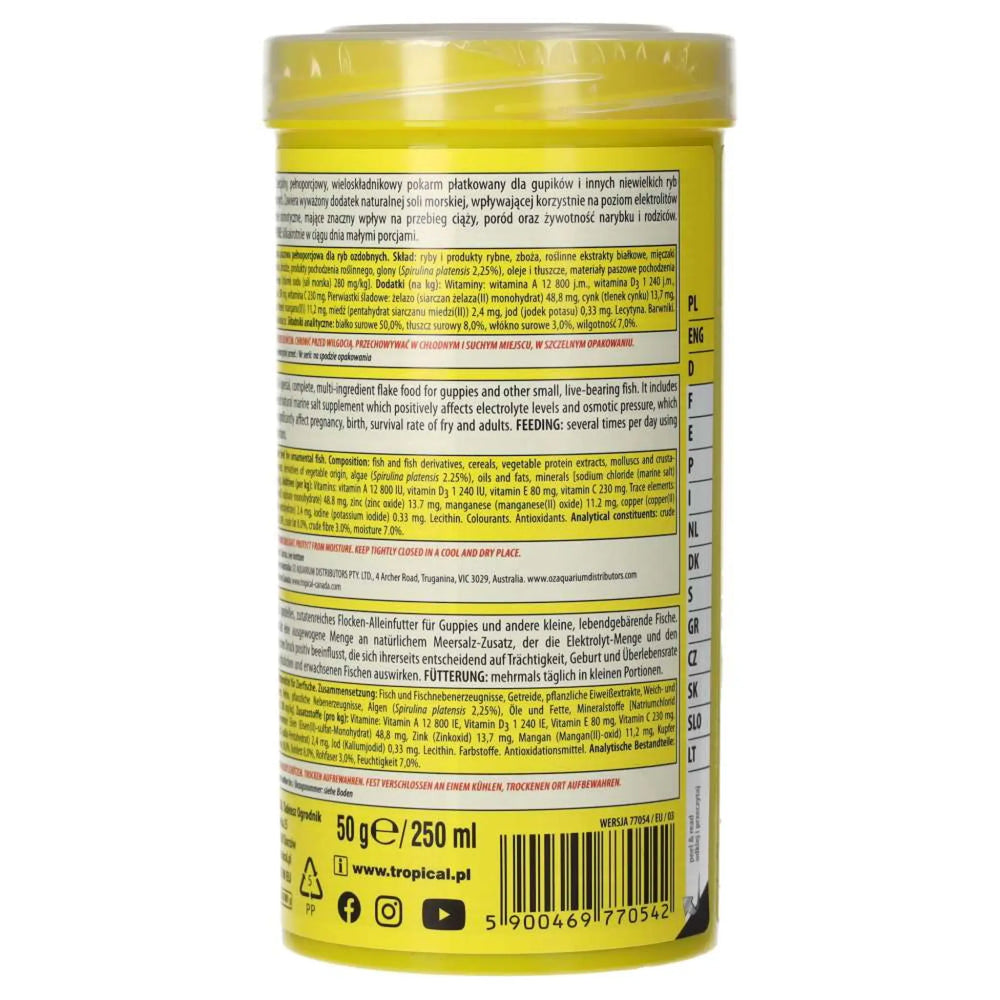 Tropical Guppy 250ml/50g- back of bottle, warning label