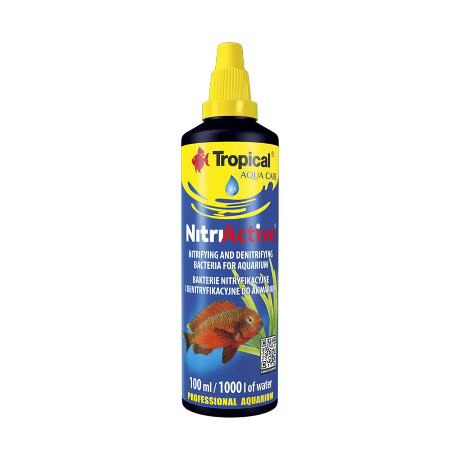 Tropical Nitri-Active 100ml- black bottle with yellow and blue label, red fish, aqua care. 