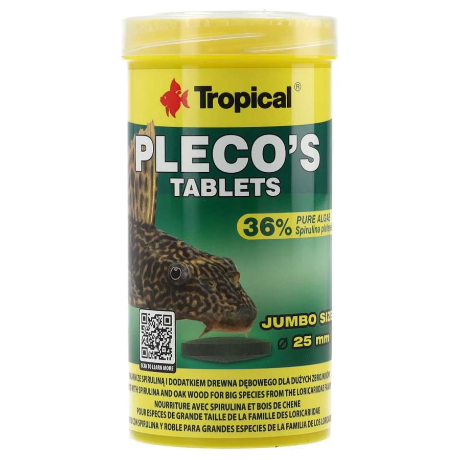 Tropical Pleco’s Tablets 250ml/135g (48pcs)fish food in yellow tub.