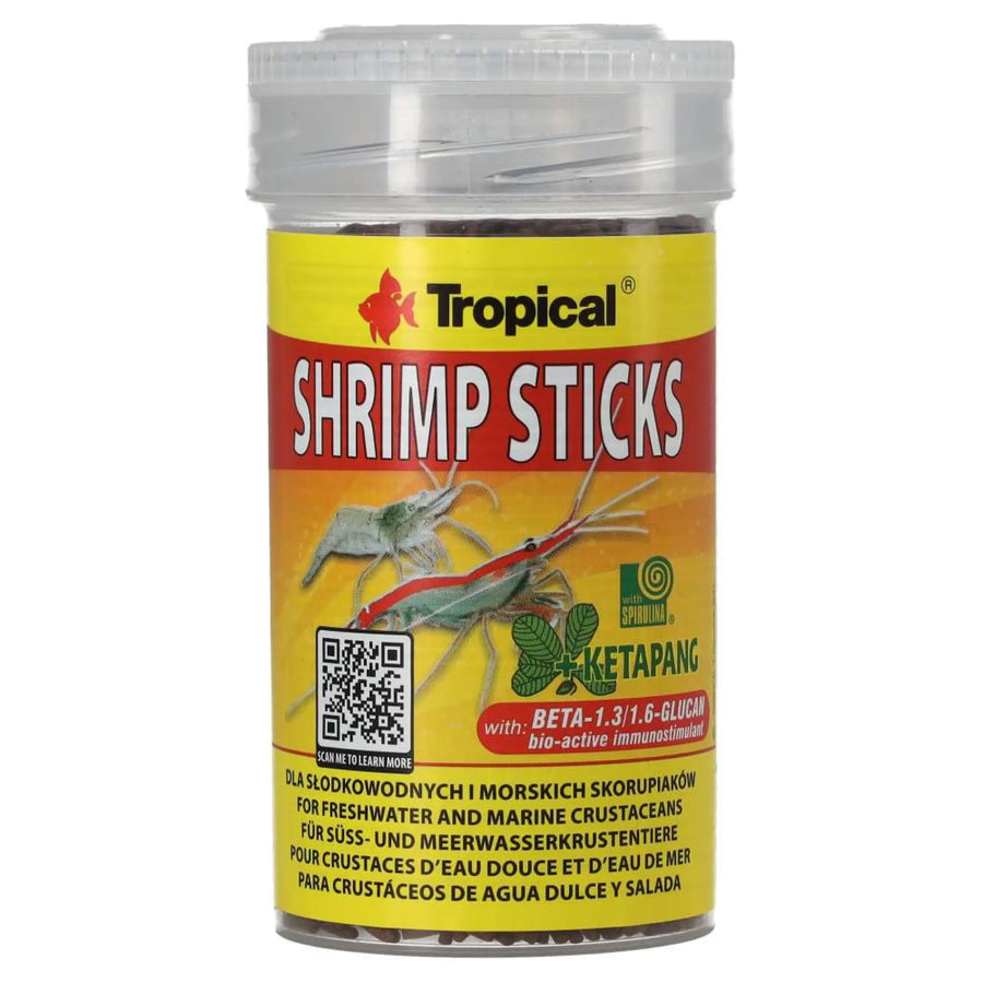 Tropical Shrimp Sticks 100ml/55g- shrimp sticks in yellow tub front view