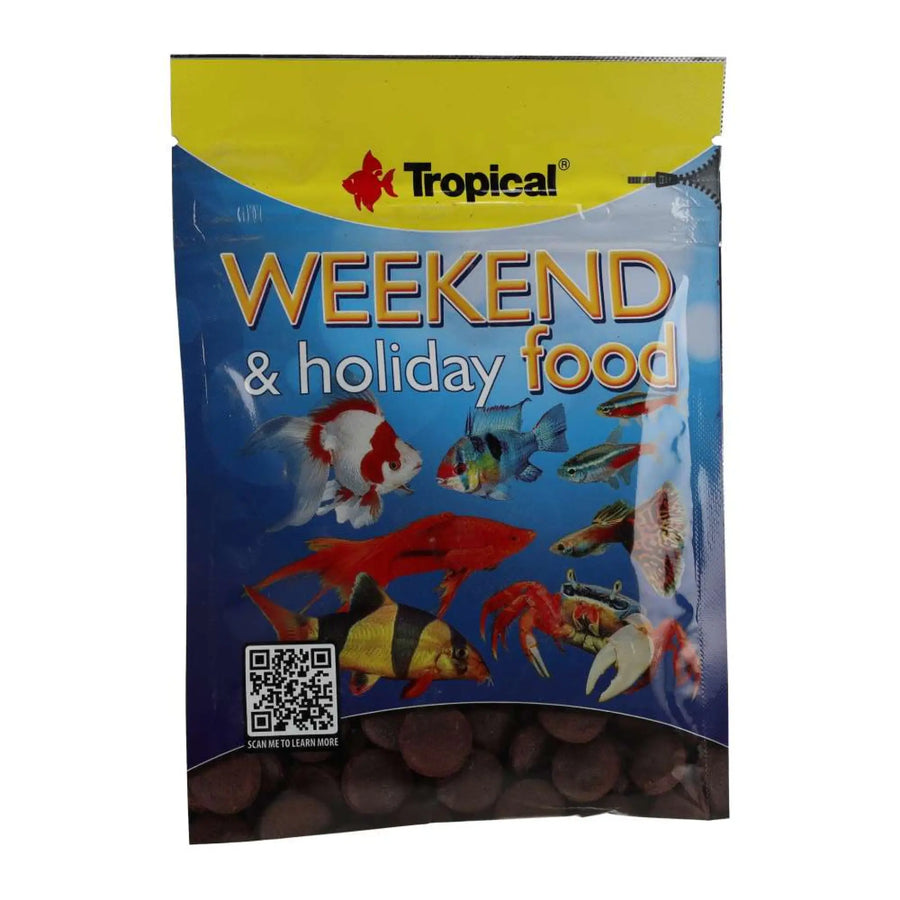 Tropical Weekend Food 20g - front of yellow and blue fish food pouch 